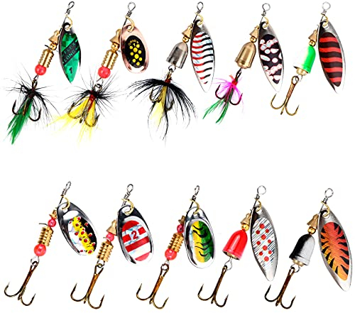 Jinlaili 10 Stück Angelköder, Spinner Köder Set, Spinner Angelköder mit Drillinge Haken, Pailletten Fischköder, Lebensechte Kunstköder, Metall Angelköder für Forellen Barsch Lachs Hecht Angelzubehör