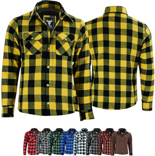 BULLDT Motorradhemd Herren mit abnehmbare CE-Protektoren - Klassisch 100% Baumwolle Holzfäller Flanellhemd - Biker Motorradjacke Hergestellt mit Aramid-Kevlar-Futter - Mit Schutz (EN 1621-1) Gelb - 48