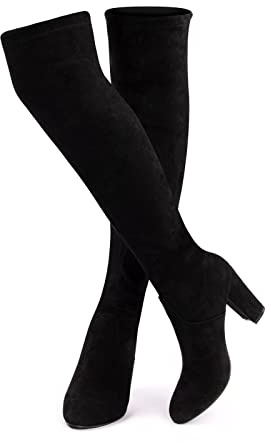 Hitmars Botte Hautes Femme Botte Longue Hiver Botte avec Bloc Talon Chaudes Mode Lacet Bottes Haute Bottes Genou Elastique Noir EU 42