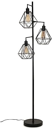 MiniSun | Modern 3 Arm Matt Black Metal Floor Lamp with a Black Geometric Shade | Floor Lamps & Torchieres, Home Décor & Improvement Essential | Includes 4W Bulb [2700K Warm White]
