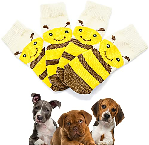 Avaner 4 Stücke Hundesocken mit Bienenmuster rutschfeste Pfotenschutz Socken Hohe Elastizität Hundeschuhe Weiche Socken Indoor Antirutschsocken für kleine Hunde Haustiere