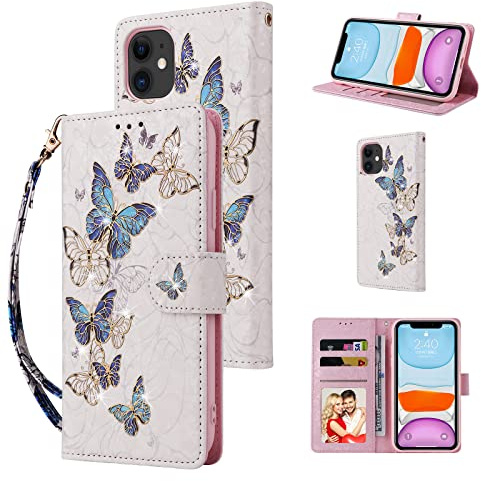 UEEBAI Wallet Case for iPhone 11, PU Leather Phone Case Kickstand RFID Blocking Flip Case with Card Slots Wrist Strap Relief Engraved Pattern Magnetic Closure Folio Case - Blue Butterfly