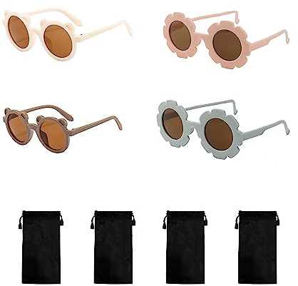 TAFACE 2 pièces de lunettes de soleil à fleurs pour enfants, 2 pièces de lunettes de soleil ours et 4 pièces de sacs à lunettes noirs, lunettes de protection solaire à monture ronde givrée.