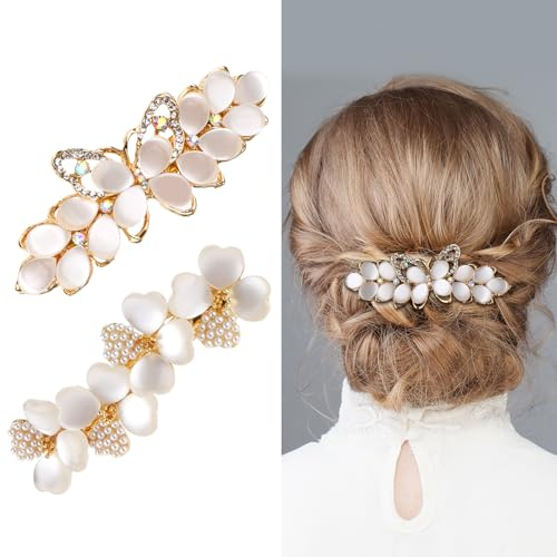 cobee Blumen Haarspangen, 2 Stück Strass Haarspangen Perlen Haarspange Vintage Hochzeits Haarnadeln mit Feder Druckknopf Clip Braut Haarschmuck Kopfbedeckungs Accessoires für Frauen