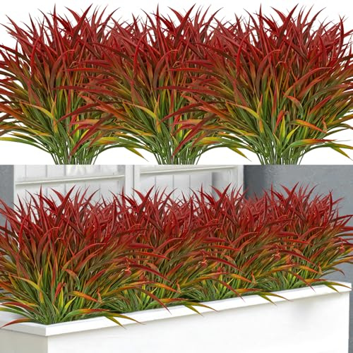 Ouddy Decor 16 Bundles Artificial Plants Outdoor Fake Grass Greenery Stems UV Resistant Faux Plastic Plants Shrubs for Spring Summer Garden Pathway Window Box Farmhouse Front Porch Home Decor, Red