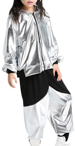 Yyyuluo Ragazze 2Pz Vestiti Hip Hop Bambini Danza di Strada Vestito Ragazzi Paillettes Ballo Sala da Ballo Moderno Abbigliamento Jazz Top Pantaloni Set di Costumi, Argento 160cm (Taglie più Piccole)