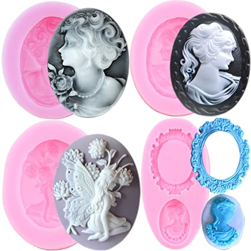RFGHAC Cameo Bilderrahmen Silikonformen Rahmen Lady Avatar Fondant Form Engel Fee Schokoladenformen für Kuchendekoration Cupcake Topper Candy Gum Paste Set von 4