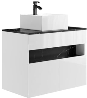 Vente-unique-Mobile per il bagno sospeso a LED con lavabo da appoggio Bianco e Nero effetto marmo L80 cm POZEGA