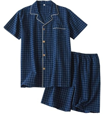 Beokeuioe T-Shirt Pyjamahose Herren Schlafanzug Kurz Baumwolle mit Knöpfen Sommer Zweiteilig Set Kurzarm Nightwear Set Hausanzug Nachthemd + shorts