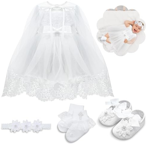Cutecrop 6 Pcs Baby Girl Baptism Outfit Include Christening Satin Lace Dress with Shawl Shoes Socks Infant Toddler, 0-6month, White (Mainly White), 3-6 Meses