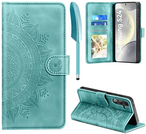 EASDNB Lederhülle für Samsung Galaxy S24 5G Hülle, Handyhülle für Galaxy S24 Flip Wallet PU Leder Case [Kartenfach] [Magnet] [Standfunktion] Prägung Klapphülle Schutzhülle für Samsung S24, Grün
