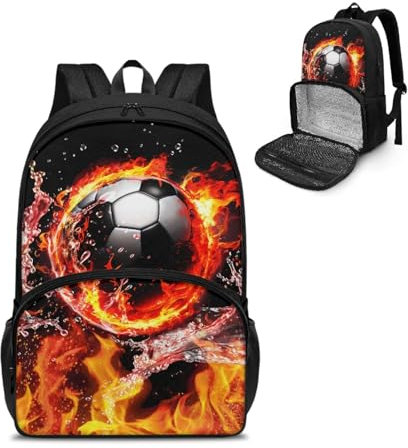 TOADDMOS Fire Soccer Ball School Backpack for Boys Girls Teens Elementary Schoolbag with Front Food Container Compartment Laptop Lunch Backpacks