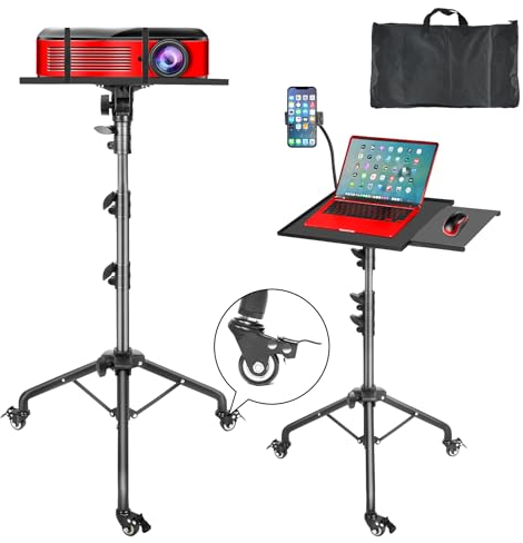 GlobalCrown Beamer Ständer Dreibein höhenverstellbar (66-160cm),Beamer stativ tragbarer Laptop-Bodenständer mit Mausablage & Telefonhalter,Stativ mit Rädern für Büro,Zuhause,Bühne,Podium,DJ Racks