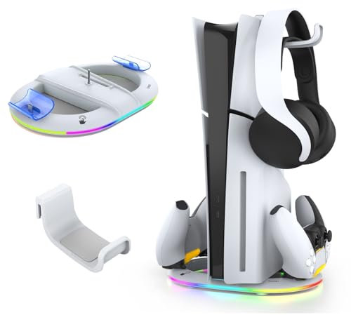 AriKroii PS5 Pro/Slim Ständer mit Dual Controller Ladegerät, RGB Licht, für PS5 Pro/Slim Disc&Digital Version, Zubehör mit Headset Halterung