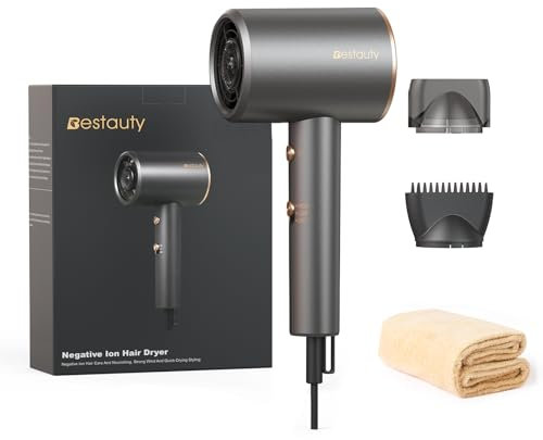 Bestauty Hair Dryer Travel Hair Dryer, 2000W Powerful Quick Drying Ionic Hairdryer with Diffuser, 2 Wind Speeds and Cool Button for Women & Men, Lightweight Hairdryer for Travel/Business Trip, Gray
