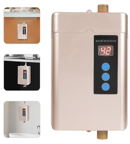 MEELRYD Elektronischer Durchlauferhitzer Küche, 5L 5000W Warmwasserbereiter Elektrisch Instant Klein Durchlauferhitzer Schnelles Aufheizen für Küche und Badezimmer (Champagner Gold)