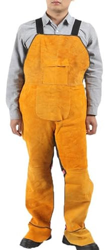 DSQIANG Cowhide Schweißen Schweißer Schürzen, Split Leg Suspenders Für Männer Heavy Duty Funken Flamme Hitzebeständig Latzschürze Mit Fußschutz(Yellow)