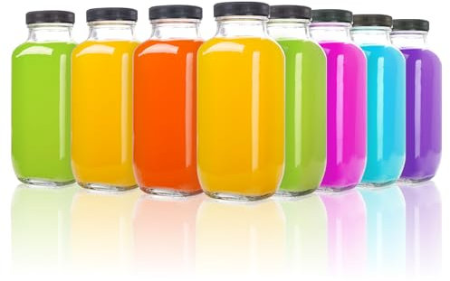YBCPACK 8 Pack 500ml Glass Juice Bottles, Square Glass Bottles with Lids,Label, Pen,Brush,Clear Smoothie Bottle for Milk,Water,Drinks.(Dishwasher Safe & Leak Proof)