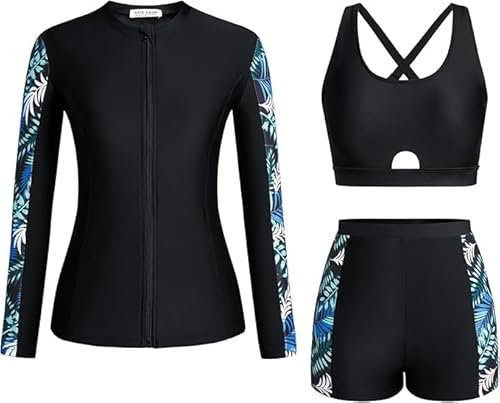 Kate Kasin Costumi da bagno da donna con stampa floreale, 3 pezzi, con cerniera, protezione solare, sport acquatici, set tankini per surf e nuoto, Foglie nero-verdi, L