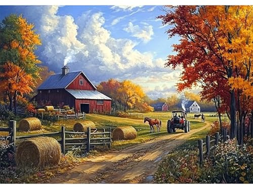 BOWETILE 5D Diamond Painting Bilder Landschaft, Berg-Ranch Diamond Painting Set für Erwachsene und Kinder, Komplettes DIY Pferd Diamond Art Malen Stickset für Kreuzstichbilder, Wohnkultur 40x30 cm