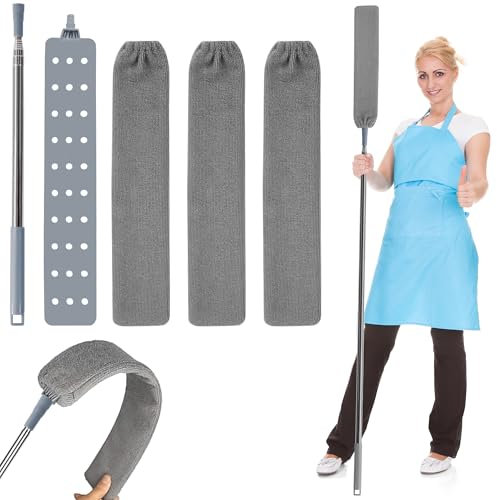 Spolverino Telescopico con Spazzola Microfibra per Polvere, con Manico Allungabile e Flessibile e 3 Lavabile Panni, Pulitore Retrattile per Pulizia Completa del Divano, Letto, Armadi