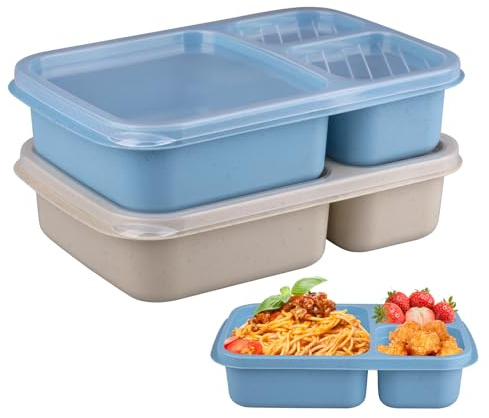 imposyu 2 Pièces Boite Repas avec 3 Compartiments Lunch Box Micro Ondable Bento Lunch Box Adulte Couverts pour Travail, Écoles, Camping et Fitness, 23,5x15,3x6cm