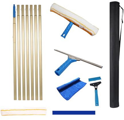 Window Cleaning Pole with 10m Extension Pole and 35cm Rubber Blade Glass Squeegee Cleaner for Indoor/Outdoor High Windows Yellow