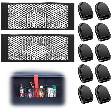 Noaya Car Boot Organiser Storage Net -2 Pcs 25 X 60cm Adhesive Van Storage Net with 10 Car Hooks, Elastic Car Storage Organiser Cargo Net, Van Storage Solutions, Campervan Storage for Car Van Truck