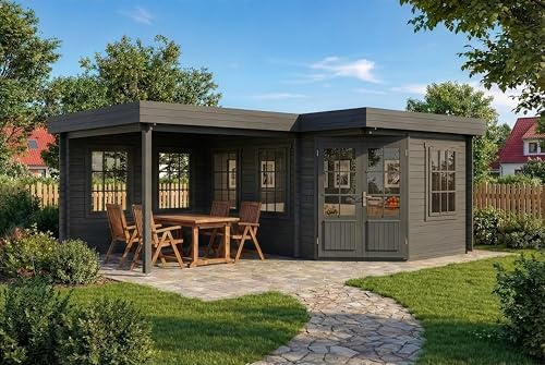 Alpholz 5-Eck Gartenhaus Pepe 618x462cm Imprägniert Grau mit 40mm Wandst. | aus Holz (Nordische Fichte|Kiefer), Blockbohlenbauweise, Flachdach