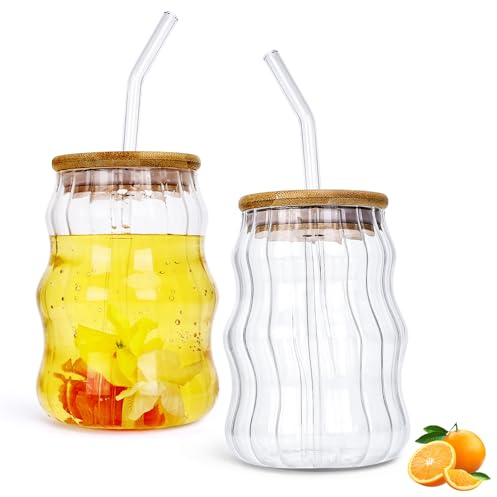 Prismoria Matcha Glass, 2 Pcs 500ml Creative Drinking Glasses,Wave Shaped Glass Cups with Lids and Straws Bubble Drinking Glasses Tumblers Vintage Ribbed Glassware for Iced Latte Coffee Matcha Beer
