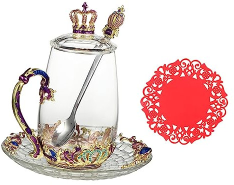 MAGICLULU Enamel Flower Tea Cup Set 5pcs 370ml Glass Tea Mugs Lid Saucer Spoon Mat Decorative Crown Design