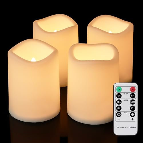 FREEPOWER 4 candele a LED per esterni, impermeabili, con timer, telecomando, funzionamento a batteria, senza fiamma, luce bianca calda, plastica, diametro 7,5 x 10 cm