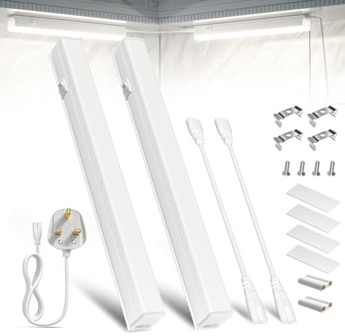 Under Cabinet Kitchen Lights Connectible Hardwired Cupboard LED Lamp with BS Plug and Switch, 5.5W 500LM Cool White 6500K, 11.3 Inch, 2 Pack