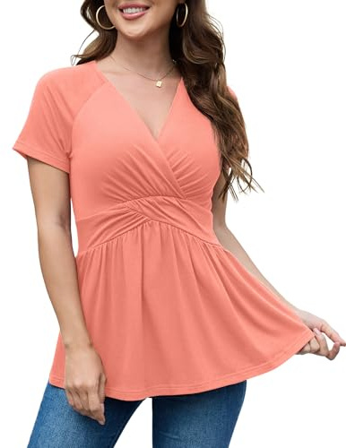 TIANZHU Toppar för kvinnor empire midja wrap baby docka tunika topp långärmad låg skuren skjorta V-hals flytande blus S-2XL, B06-korallröd, XL