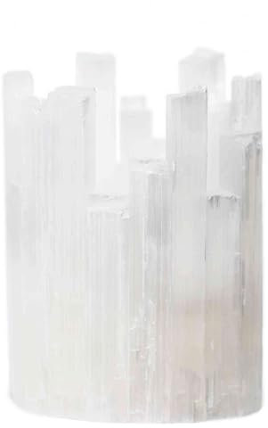 NKlaus Selenite Tea Light Holder Tower Shape 12.5 x 10 cm - Natural Stone Crystal Lantern for Meditation, Esoteric & Room Cleaning - White Decoration Made of Raw Stone 16655