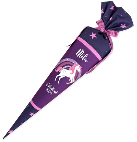 Deine Schultüte aus Stoff Kuschel Velvet Wunschmotiv individualisierbar mit Wunschname personalisierbar 70 cm 85 cm – Mädchen (85 cm mit Kissen, Modell 11: Regenbogen Einhorn)