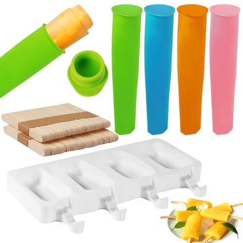 KMFYMPT Lot de 4 moules à sucettes glacées, 1 pièce 4 fentes ovales en silicone, moule à sucettes glacées adapté aux enfants et aux adultes pour faire des desserts glacés, livré avec 100 bâtonnets de