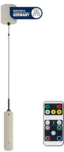 REV Akku Pendelleuchte, 130lm dimmbar 3 Farben, Timer 1-4H, höhenverstellbar durch ziehen (37-163cm) Hängeleuchte mit Fernbedienung, ideal als Nachttischlampe ohne Strom, beige