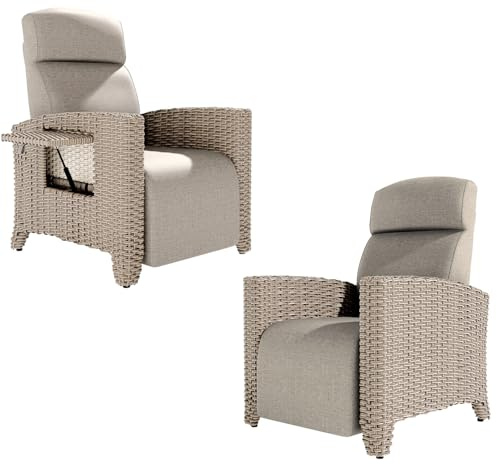 2er Set Relaxliege Liegesessel, Ergonomische Relaxliege Rattansessel, Verstellbare Rückenlehne, mit Dickem Kissen, Geeignet für Drinnen, Balkon, Garten, Innenhof(Braune Rattankanten + Apricot Kissen)
