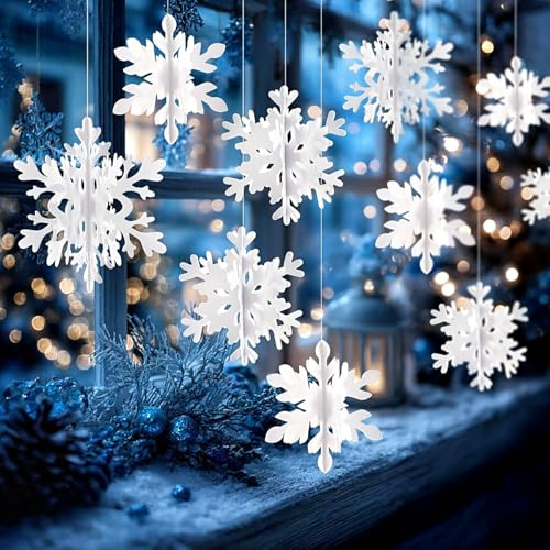 lafo 18 Stücke 3D Schneeflocken Deko, Weiß Christbaumschmuck aus Papier, Schneeflocken Anhänger für Weihnachtsbaum Deko und Weihnachtsfeier Dekoration
