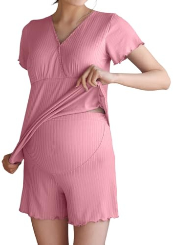 Zanisouta Ensemble pyjama de grossesse à manches courtes pour femme - Respirant - Vêtement de maison - Haut côtelé - Vêtement de grossesse - Taille haute - Pyjama d'allaitement - Short en tissu, O