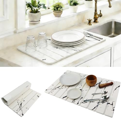 ALISMDZZ | Tapis de Séchage en Pierre de Diatomée 60x40cm - Absorbant Instantané, Pliable et Anti-Dérapant pour Cuisine & Salle de Bain | Naturel, Écologique et Design (blanc)