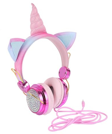 BAZEITFLOW Unicorn Cat Ear Wired Gaming Headset with Rhinestone Decoration and Built-in Microphone for Office and Mobile Phone Use, Rose Gold Over-ear Headphones Compatible with 3.5mm Jack