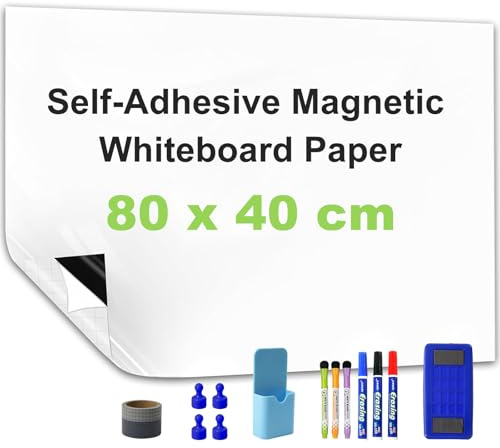 WIBOSOGA Tableau Blanc Magnétique Autocollant, 80 x 40 cm, Film Tableau Mural Effaçable et Aimanté, pour École, Bureau et Maison, avec Effaceur Magnétique, Feutres et Aimants