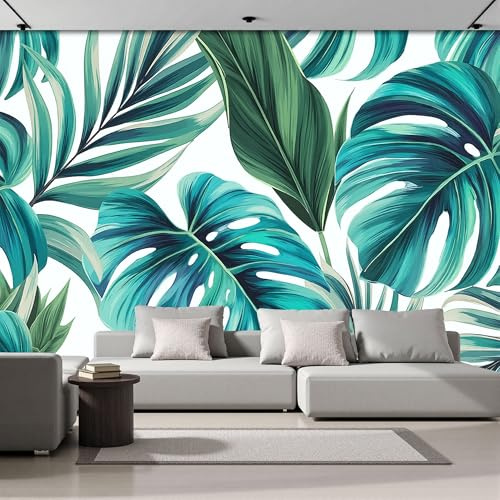 Papel Pintado De Seda Hojas Tropicales Pintadas A Mano, 200x140cm Fotomurales Plantas Tropicales De Lujo Papel Tapiz Fondo De Pantalla Decoración De Pared Para Domitorio, Salón Y Oficina, Azul-Verde