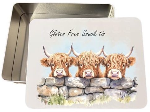 MADEBYMANDY Personalised Highland Cow Themed Biscuit Tin with Watercolour Design, White Metal Storage Tin, Large 210mm x 270mm x 71mm, Silver Inside, Removable Lid