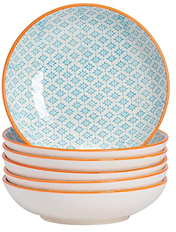 Nicola Spring Patterned Pasta Bowls - Orange - Pack of 6 - Porcelain Flower Print Design Rice Serving Bowls for Cereal, Fruit, Dessert, Salad, Noodles, Snacks
