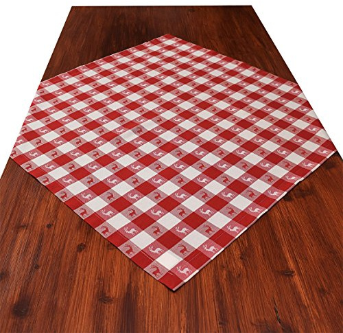 Mitteldecke Landhaus-Tischdecke Karo in Rot 82 x 82 cm quadratisch | rot-weiß Karierter Webstoff langlebig Hirsch-Motiv | rustikal-gemütlicher Landhaus-Stil für Küche, Esszimmer, Gästezimmer