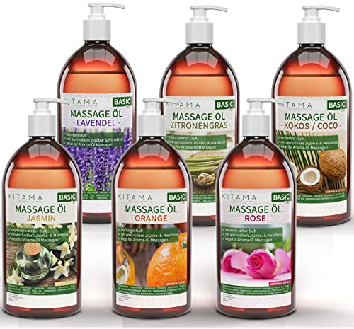 Kitama Massageöl Aroma Set 6 x 1L - Rose Jasmin Orange Lavendel Kokos | Authentisches Thaimassage-Öl Set mit 6 Aromen inkl. Zitronengras. Hautfreundliches Körperöl für Spa, Wellness & Massage
