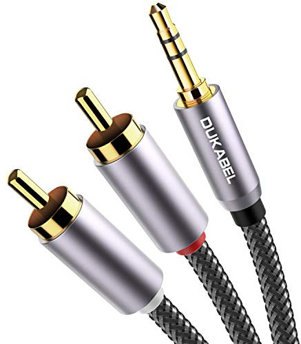DUKABEL Top Series - Cavi lunghi RCA (5 metri), da RCA a 3,5 mm, cavo audio 2 maschio RCA a AUX, in nylon intrecciato, placcato oro 24 K, conduttore OFC 4N al 99,99%